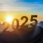 Silhouette of number 2025 on mountain, Happy New Year celebration shiny design. Mountain Top and Beginning of New Year 2025. black silhouette of mountains and 2025 year, in morning during sunrise