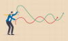 Businessman plays battle rope to control market graph