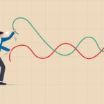 Businessman plays battle rope to control market graph